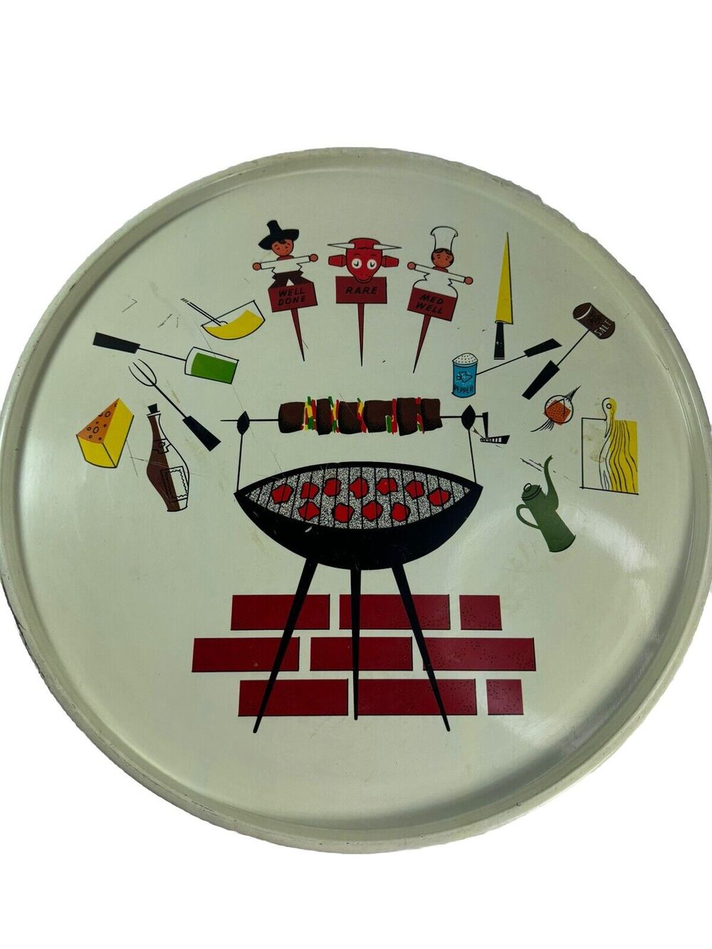 Mid-Century Modern Tin Litho Round BBQ Grill Decorative Lg Round Tray 14 1/2”